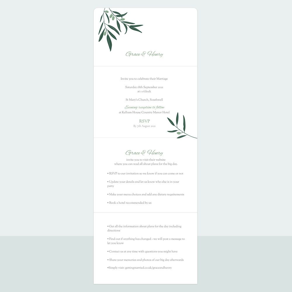 Olive Sprig - Tri Fold Wedding Invitation & Information Card Suite