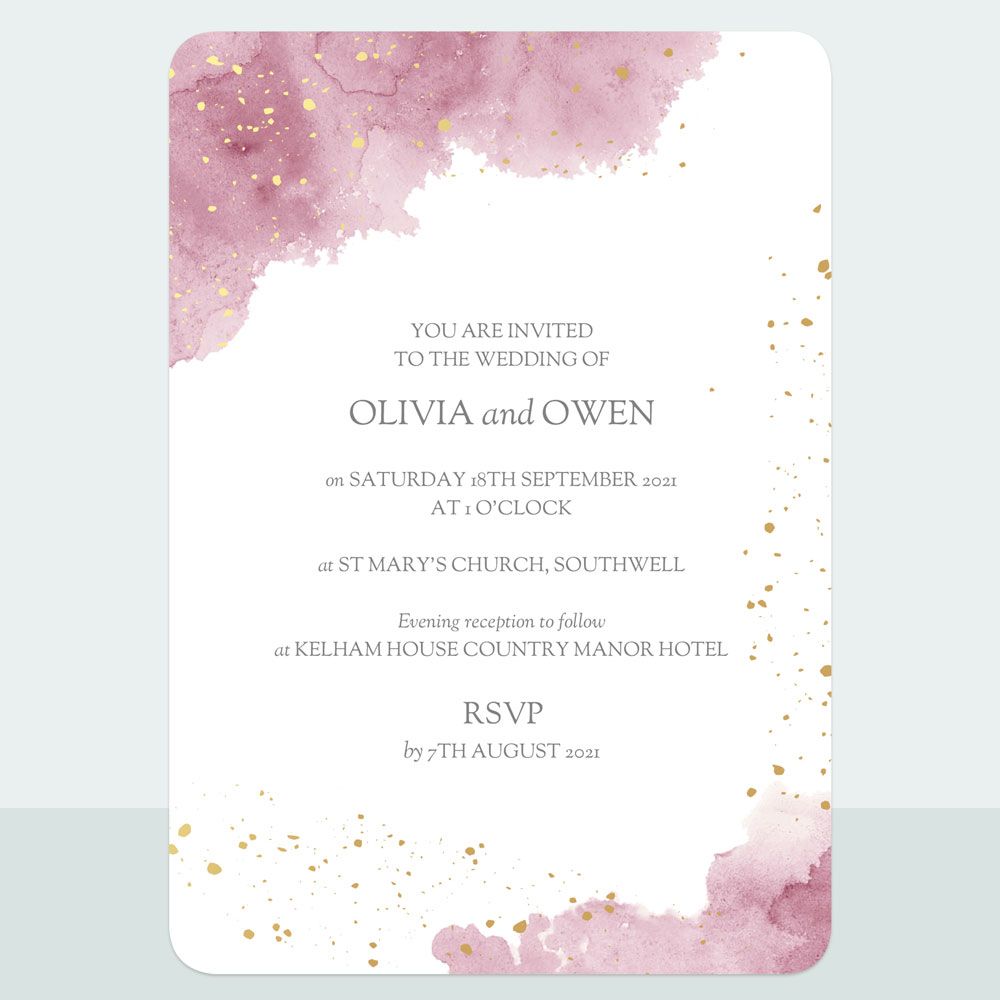 Pink Inkwash - Foil Wedding Invitation & Information Card Suite