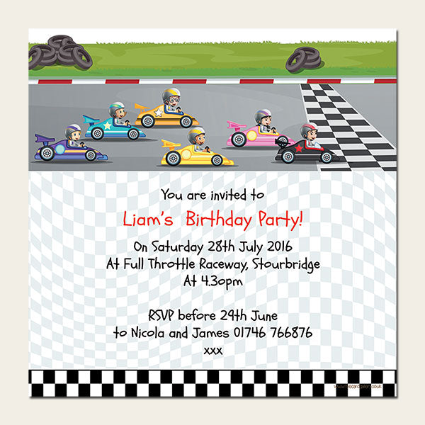 Personalised Kids Birthday Invitations - Go Karting - Pack of 10