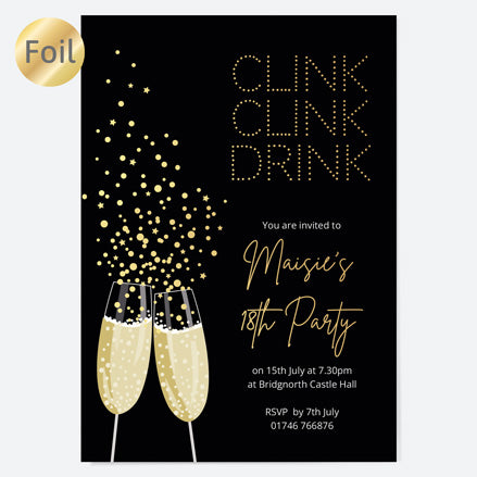 18th Birthday Invitations - Gold Deluxe - Champagne Cheers - Pack of 10