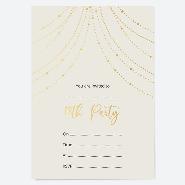 18th Birthday Invitations - Gold Deluxe - Neutral Festoon Lights - Pack of 10