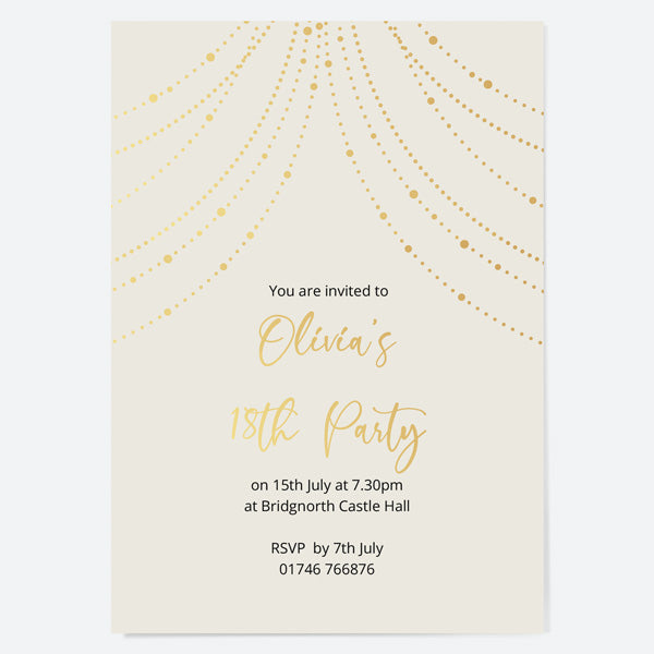 18th Birthday Invitations - Gold Deluxe - Neutral Festoon Lights - Pack of 10