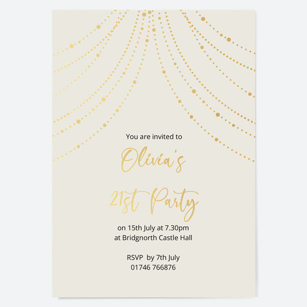 21st Birthday Invitations - Gold Deluxe - Neutral Festoon Lights - Pack of 10