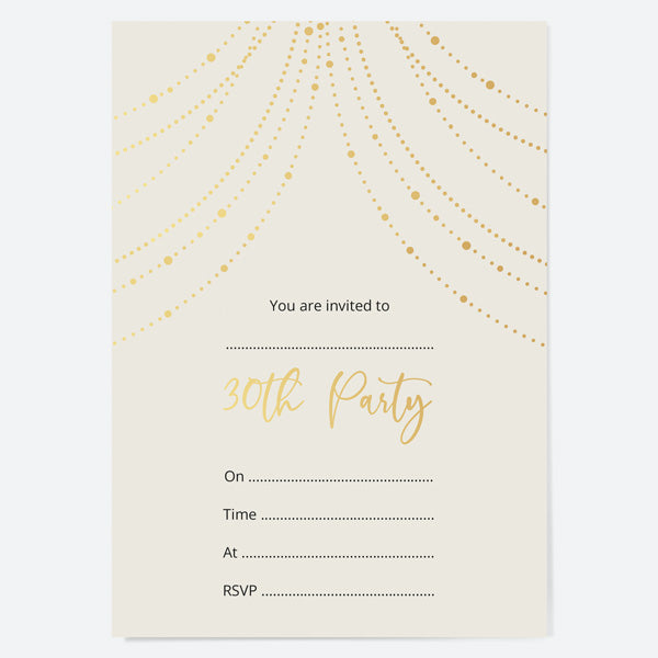 30th Birthday Invitations - Gold Deluxe - Neutral Festoon Lights - Pack of 10
