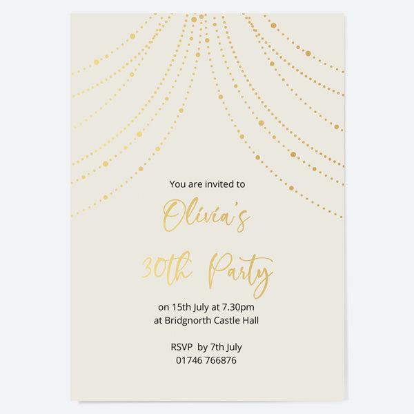 30th Birthday Invitations - Gold Deluxe - Neutral Festoon Lights - Pack of 10