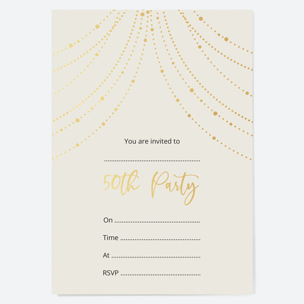 50th Birthday Invitations - Gold Deluxe - Neutral Festoon Lights - Pack of 10