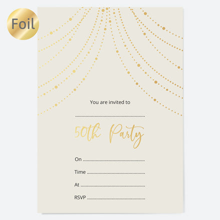 50th Birthday Invitations - Gold Deluxe - Neutral Festoon Lights - Pack of 10