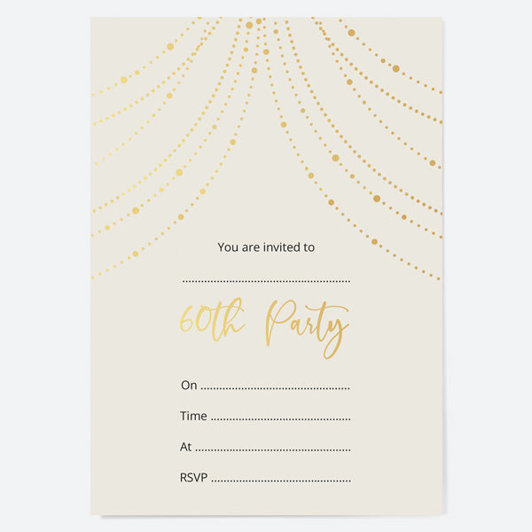 60th Birthday Invitations - Gold Deluxe - Neutral Festoon Lights - Pack of 10