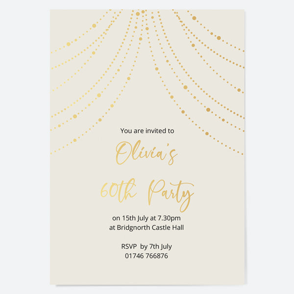 60th Birthday Invitations - Gold Deluxe - Neutral Festoon Lights - Pack of 10