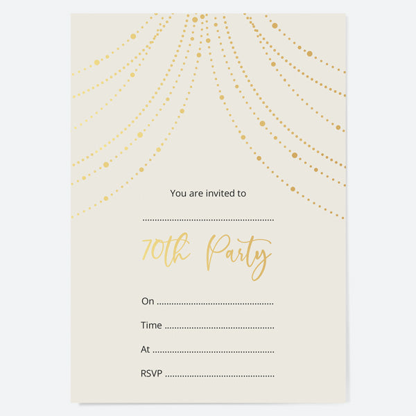 70th Birthday Invitations - Gold Deluxe - Neutral Festoon Lights - Pack of 10