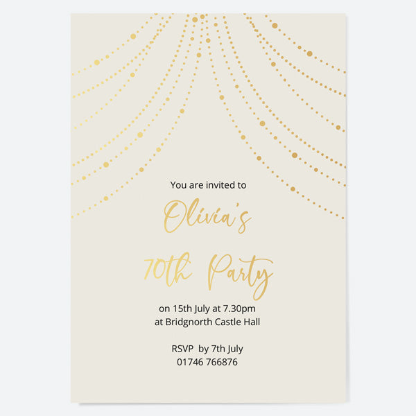 70th Birthday Invitations - Gold Deluxe - Neutral Festoon Lights - Pack of 10