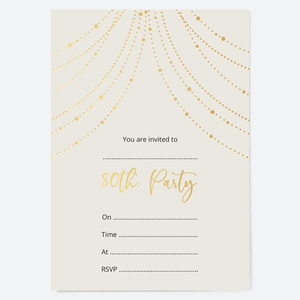 80th Birthday Invitations - Gold Deluxe - Neutral Festoon Lights - Pack of 10