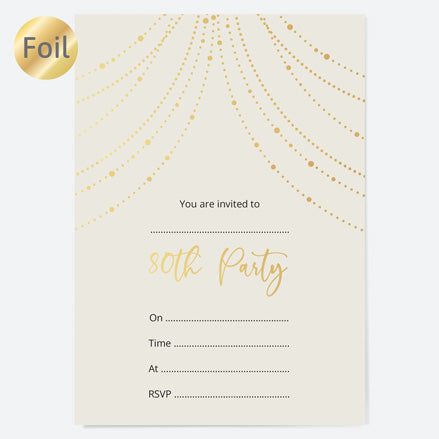 80th Birthday Invitations - Gold Deluxe - Neutral Festoon Lights - Pack of 10