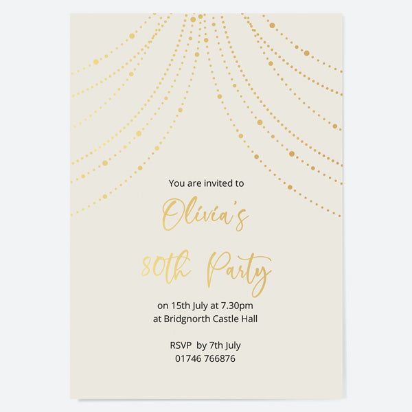80th Birthday Invitations - Gold Deluxe - Neutral Festoon Lights - Pack of 10