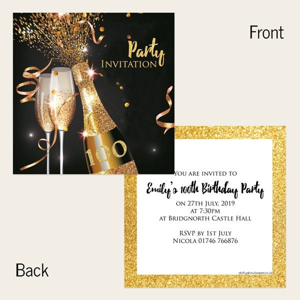 100th Party Invitations - Gold Sparkle Champagne - Pack of 10