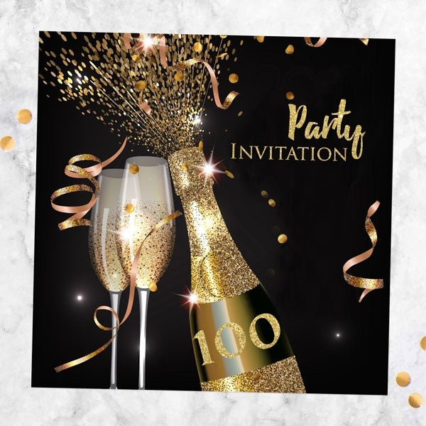 100th Party Invitations - Gold Sparkle Champagne - Pack of 10