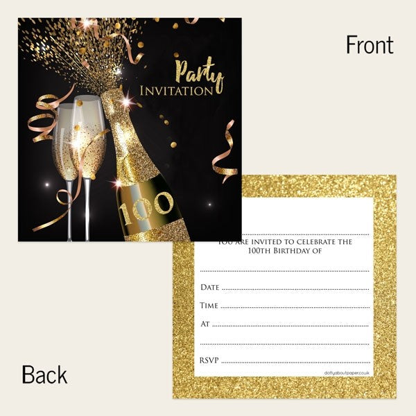 100th Party Invitations - Gold Sparkle Champagne - Pack of 10