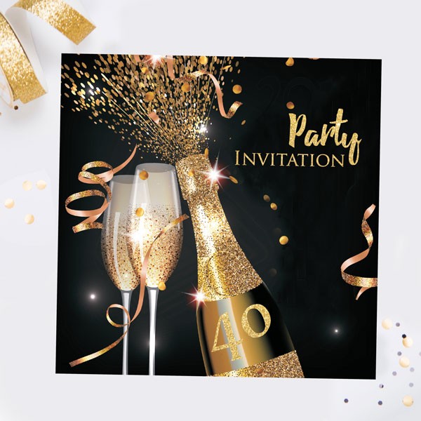 40th Party Invitations - Gold Sparkle Champagne - Pack of 10