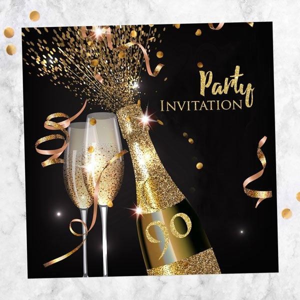 90th Party Invitations - Gold Sparkle Champagne - Pack of 10