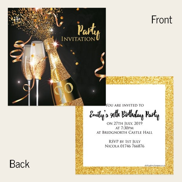 90th Party Invitations - Gold Sparkle Champagne - Pack of 10