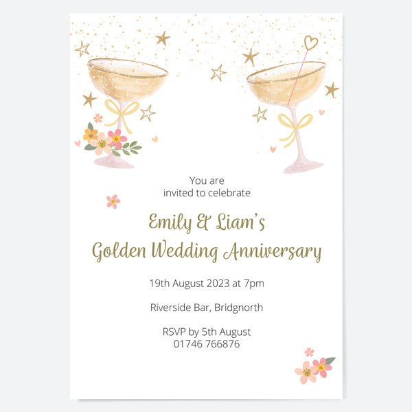 50th Wedding Anniversary Invitations - Champagne Bubbles - Pack of 10