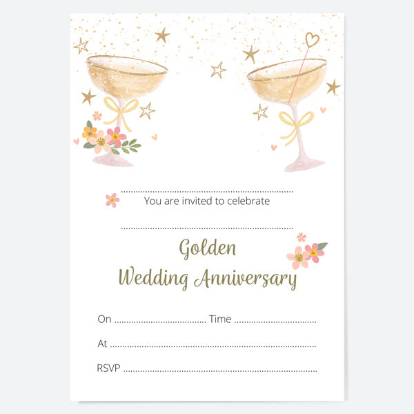 50th Wedding Anniversary Invitations - Champagne Bubbles - Pack of 10