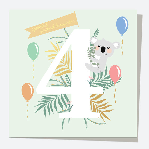 Luxury Foil Granddaughter Birthday Card - Animal World - Koala - 4th Birthday