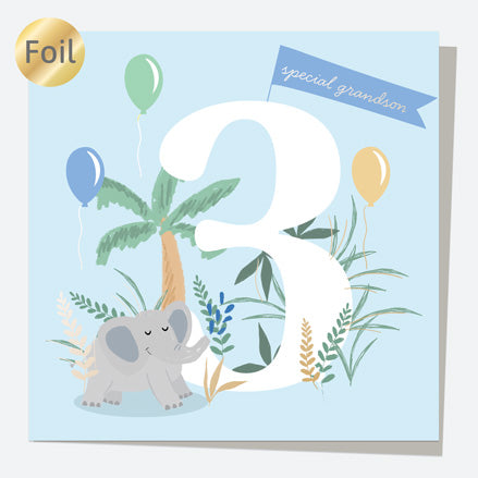 Luxury Foil Grandson Birthday Card - Animal World - Elephant - 3rd Birthday