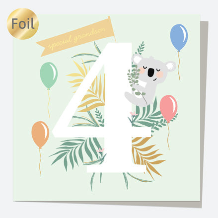 Luxury Foil Grandson Birthday Card - Animal World - Koala - 4th Birthday