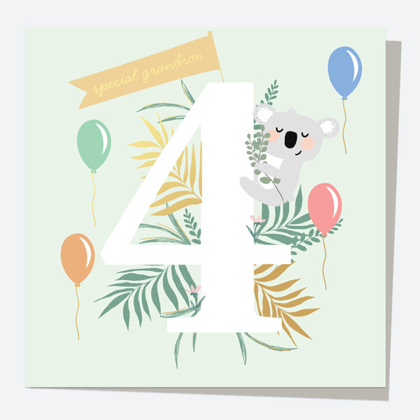 Luxury Foil Grandson Birthday Card - Animal World - Koala - 4th Birthday