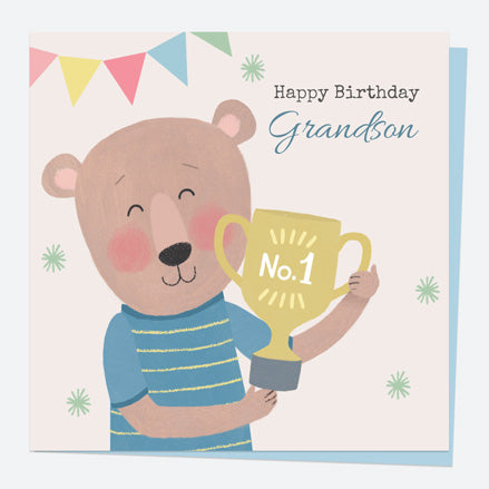 Grandson Birthday Card - Dotty Bear Trophy - No. 1 Grandson