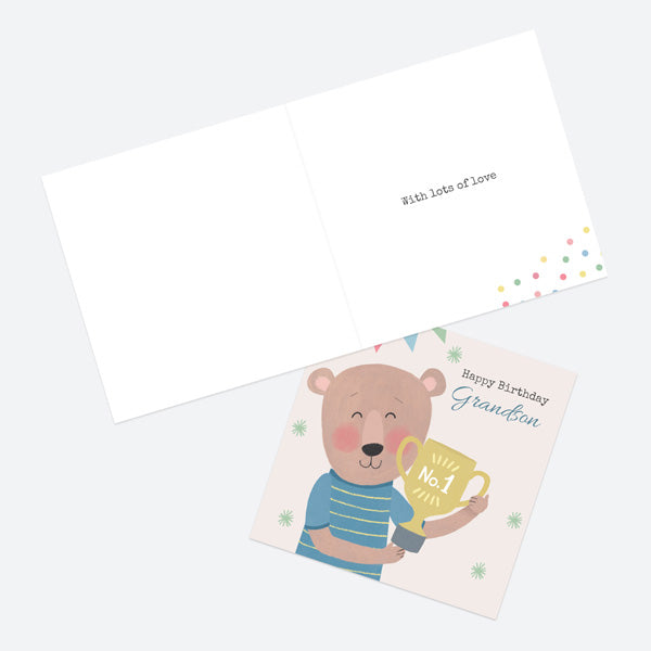 Grandson Birthday Card - Dotty Bear Trophy - No. 1 Grandson