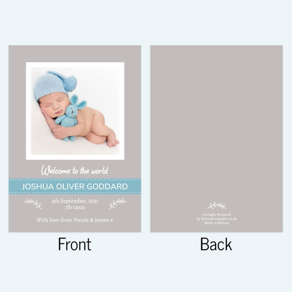 Baby Announcement Cards - Grey & Blue Photo - Pack of 10