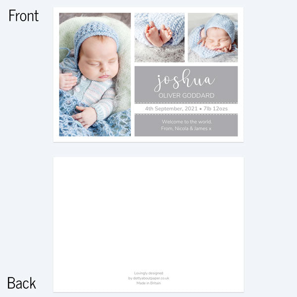 Baby Announcement Cards - Grey Photo Trio - Pack of 10