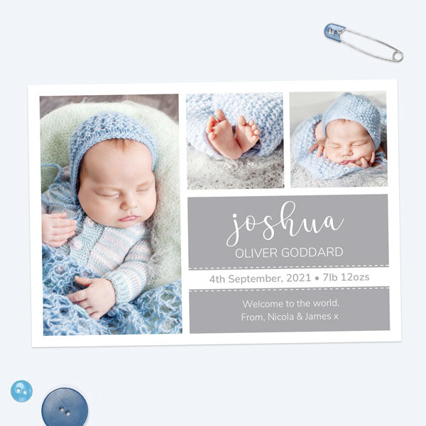 Baby Announcement Cards - Grey Photo Trio - Pack of 10