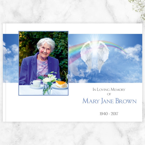 Condolence Guest Book - Angelic Wings & Rainbow