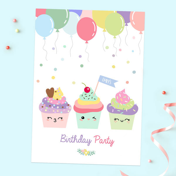 Kids Birthday Invitations - Happy Cupcakes - Pack of 10