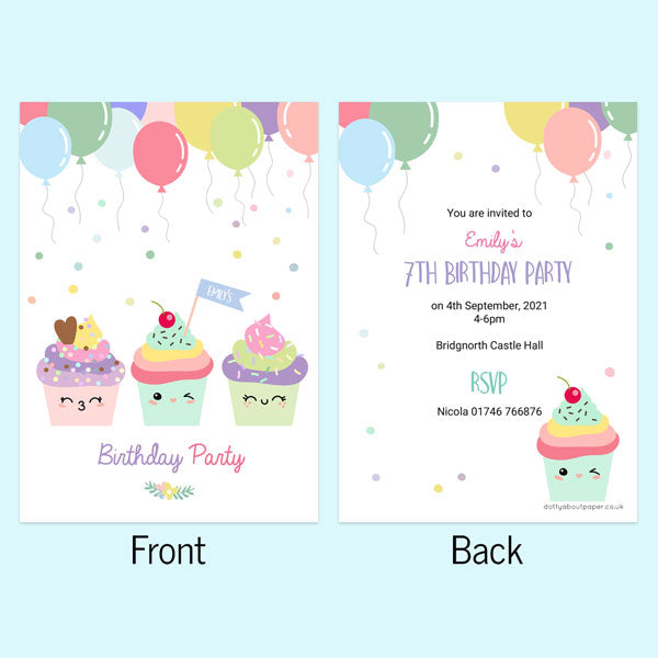 Kids Birthday Invitations - Happy Cupcakes - Pack of 10