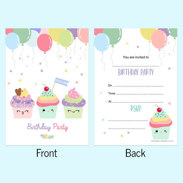 Kids Birthday Invitations - Happy Cupcakes - Pack of 10