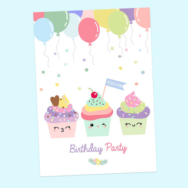 Kids Birthday Invitations - Happy Cupcakes - Pack of 10