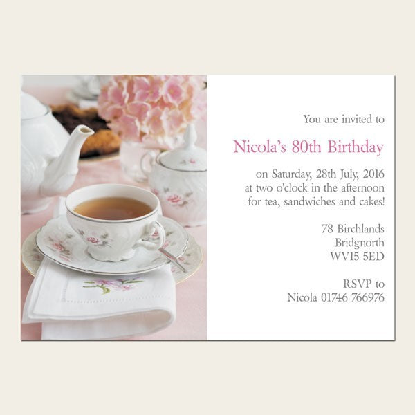 80th Birthday Invitations - Hydrangea Afternoon Tea - Pack of 10