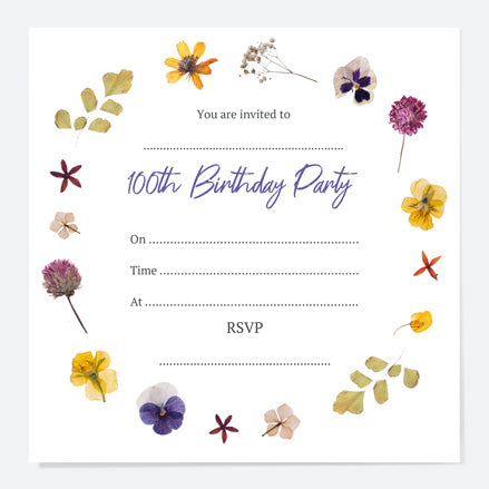 100th Birthday Invitations - Pressed Flowers - Pack of 10