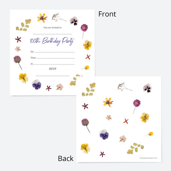 100th Birthday Invitations - Pressed Flowers - Pack of 10