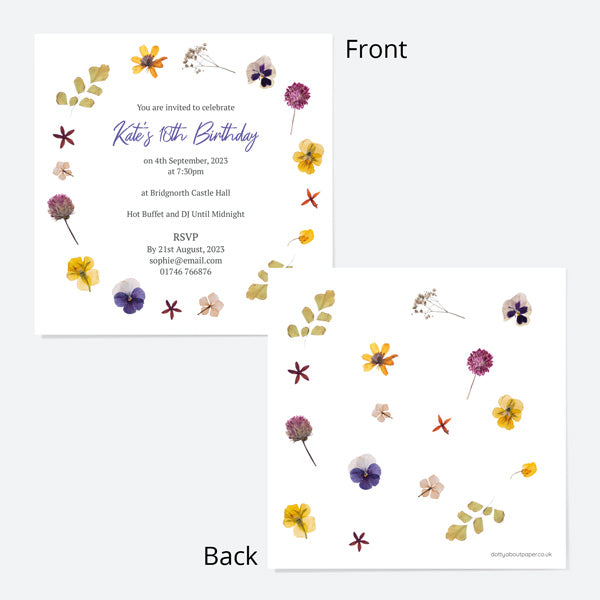 18th Birthday Invitations - Pressed Flowers - Pack of 10