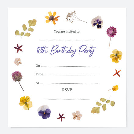 18th Birthday Invitations - Pressed Flowers - Pack of 10