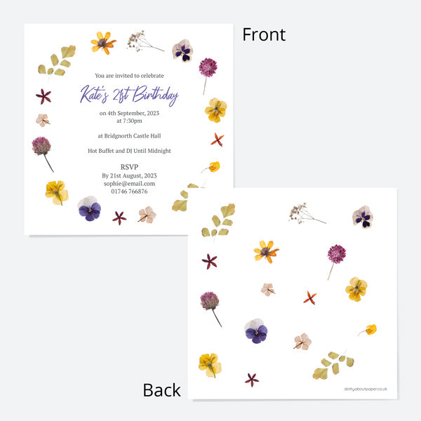21st Birthday Invitations - Pressed Flowers - Pack of 10