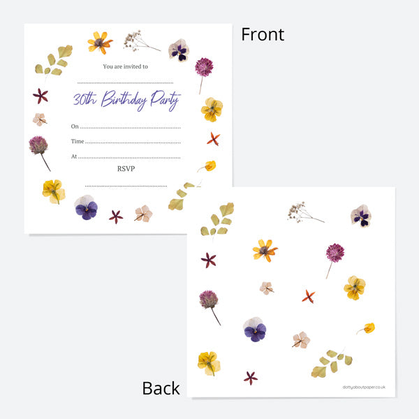 30th Birthday Invitations - Pressed Flowers - Pack of 10