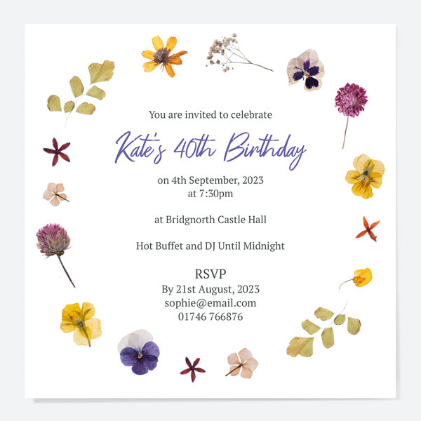 40th Birthday Invitations - Pressed Flowers - Pack of 10