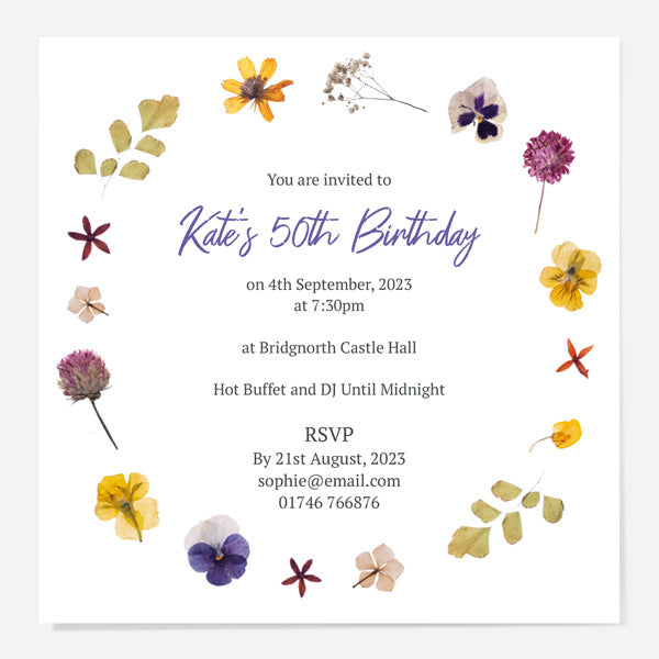 50th Birthday Invitations - Pressed Flowers - Pack of 10