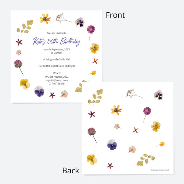 50th Birthday Invitations - Pressed Flowers - Pack of 10